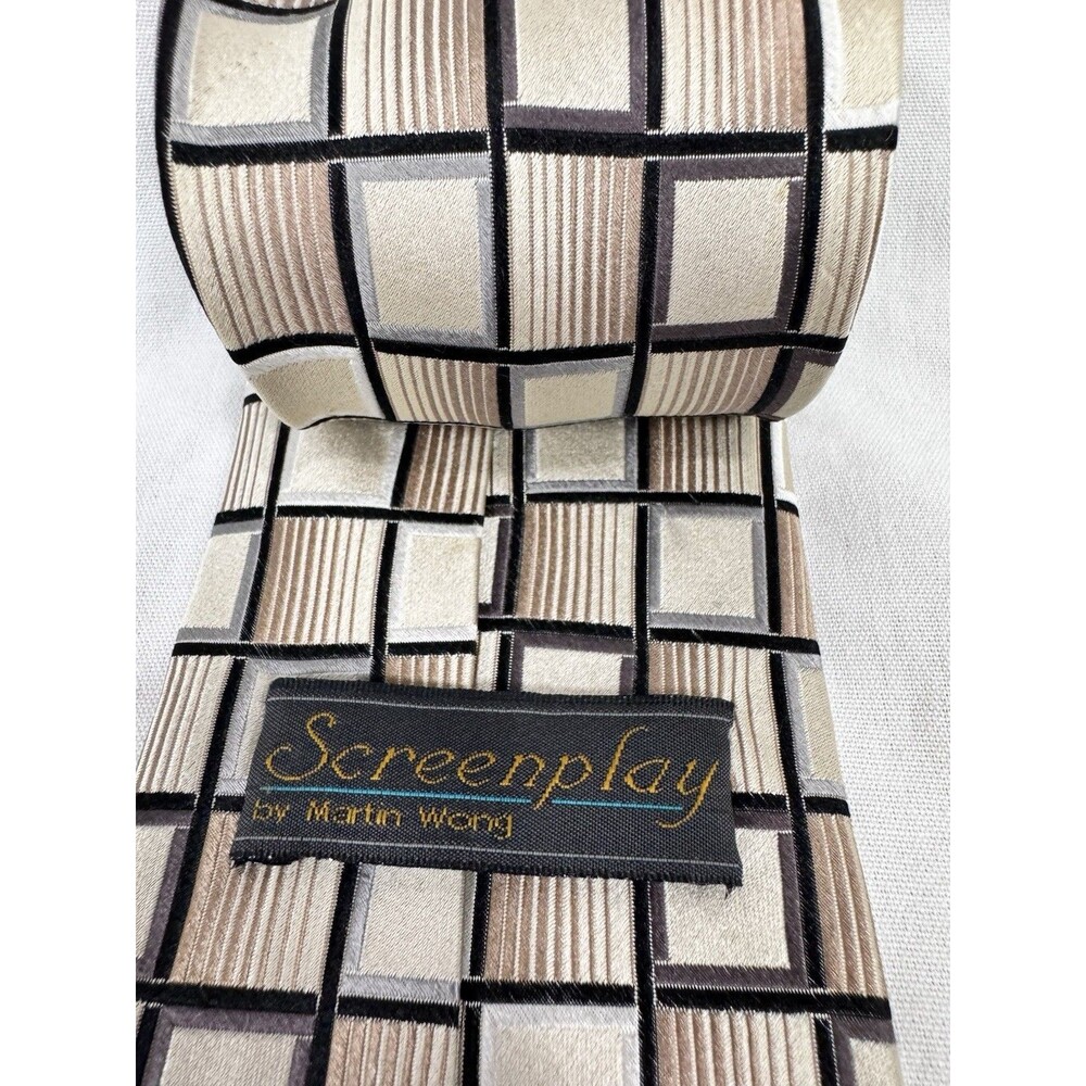 Vintage 90’s Martin Wong Screenplay Necktie Brown Tan Geometric Block 100% Silk